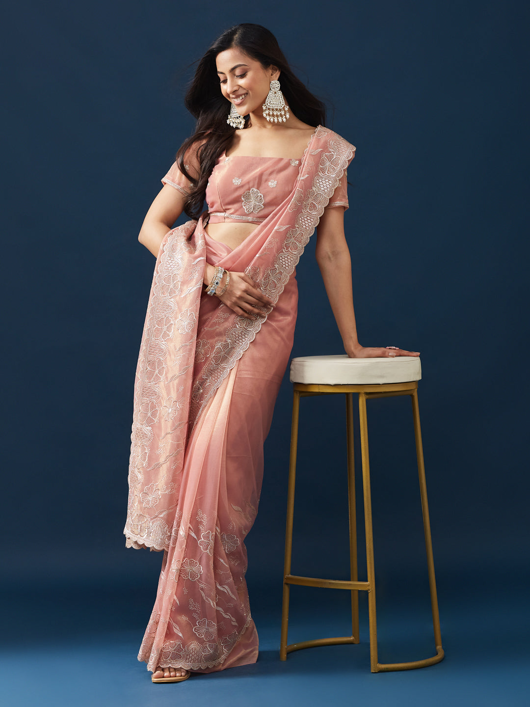 KASEE Women's Dusty Pink Floral Embroidered Saree with Scalloped Border