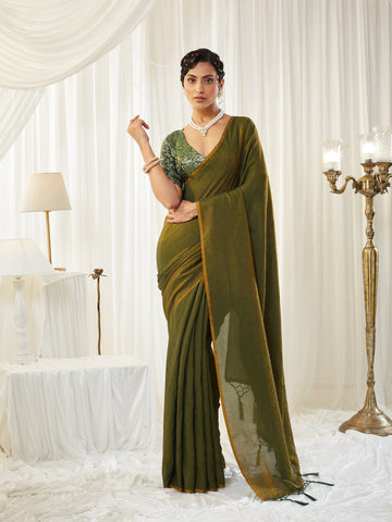 KASEE Women's Olive Green Silk Cotton Saree with Contrasting Blouse