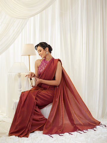 KASEE Women's Rust Silk Cotton Saree with Contrasting Blouse