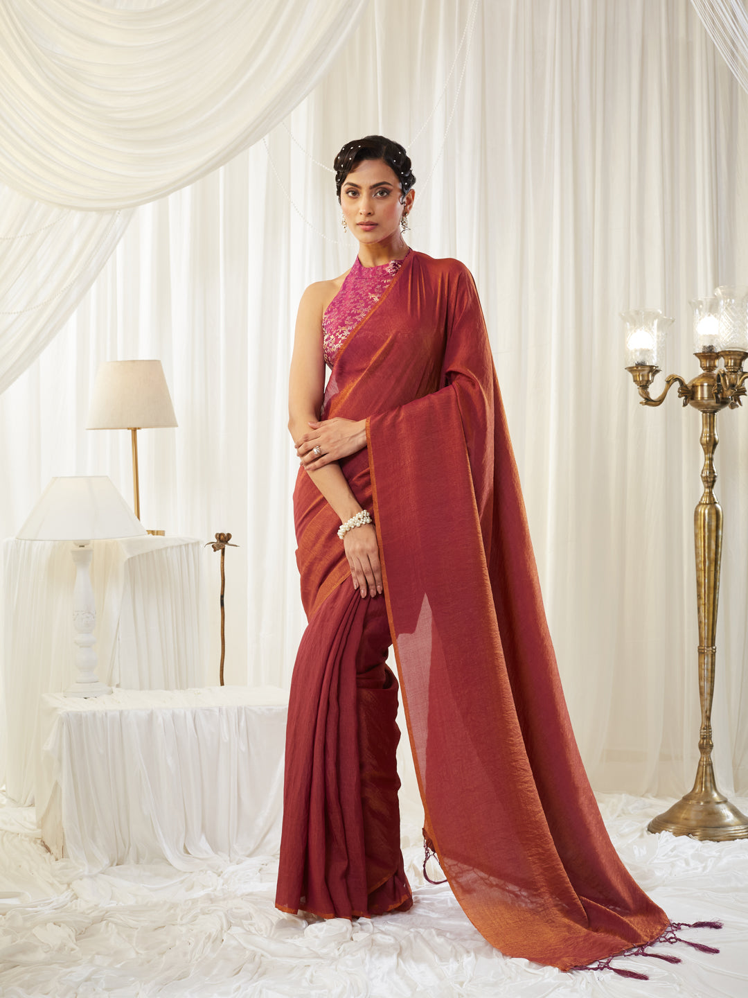 KASEE Women's Rust Silk Cotton Saree with Contrasting Blouse