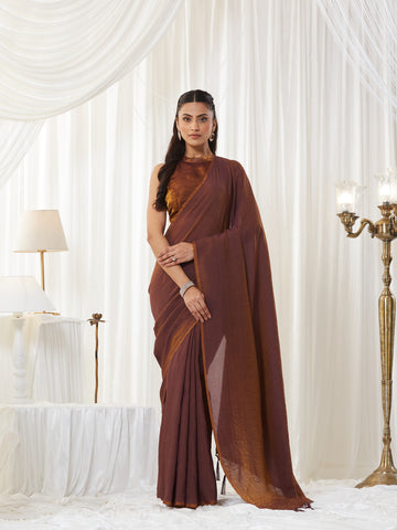 KASEE Women's Wine Silk Cotton Saree with Contrasting Blouse