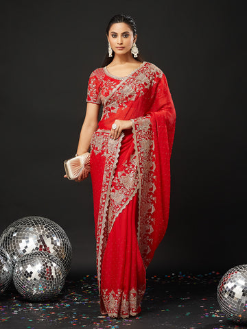KASEE Women's Red Silk Blend Saree with Heavy Zari Embroidered Doli?araat Border &