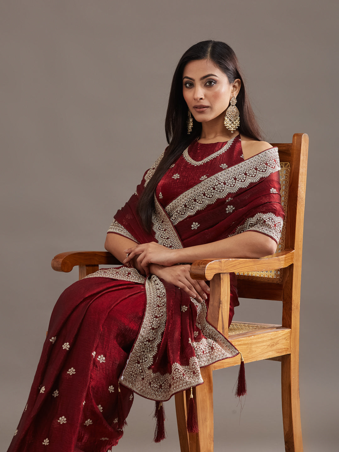 KASEE Women's Maroon Zari Buta Saree with Ornate Embroidered Border