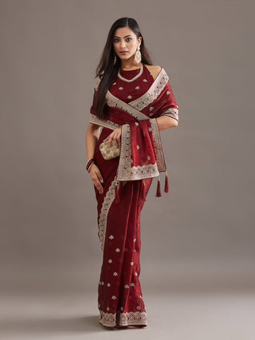 KASEE Women's Maroon Zari Buta Saree with Ornate Embroidered Border