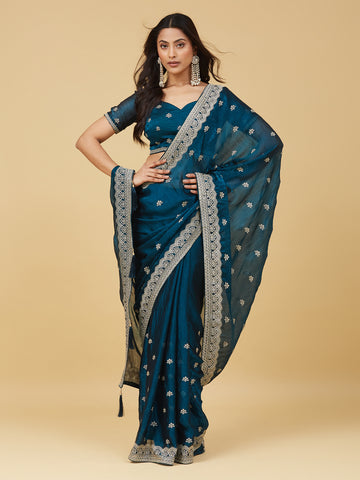 KASEE Women's Peacock Blue Zari Buta Saree with Ornate Embroidered Border