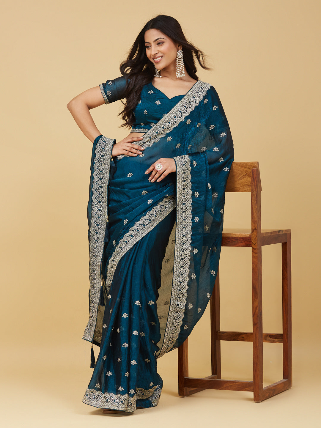 KASEE Women's Peacock Blue Zari Buta Saree with Ornate Embroidered Border