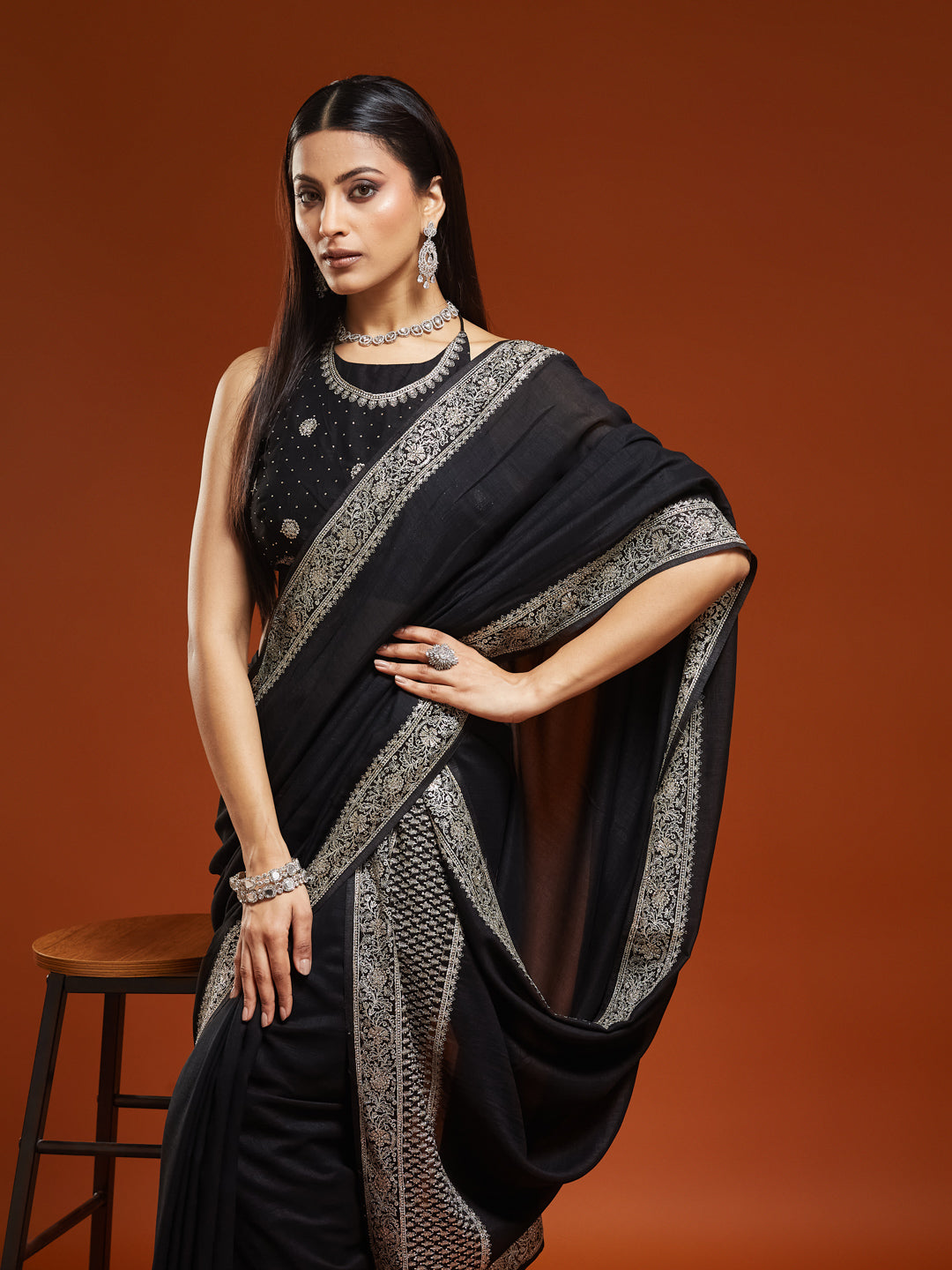 KASEE Women's Black Zari Border Saree with Traditional Woven Pallu