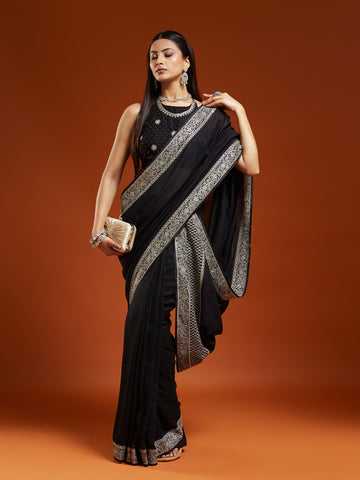 KASEE Women's Black Zari Border Saree with Traditional Woven Pallu