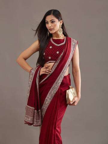 KASEE Women's Maroon Zari Border Saree with Traditional Woven Pallu