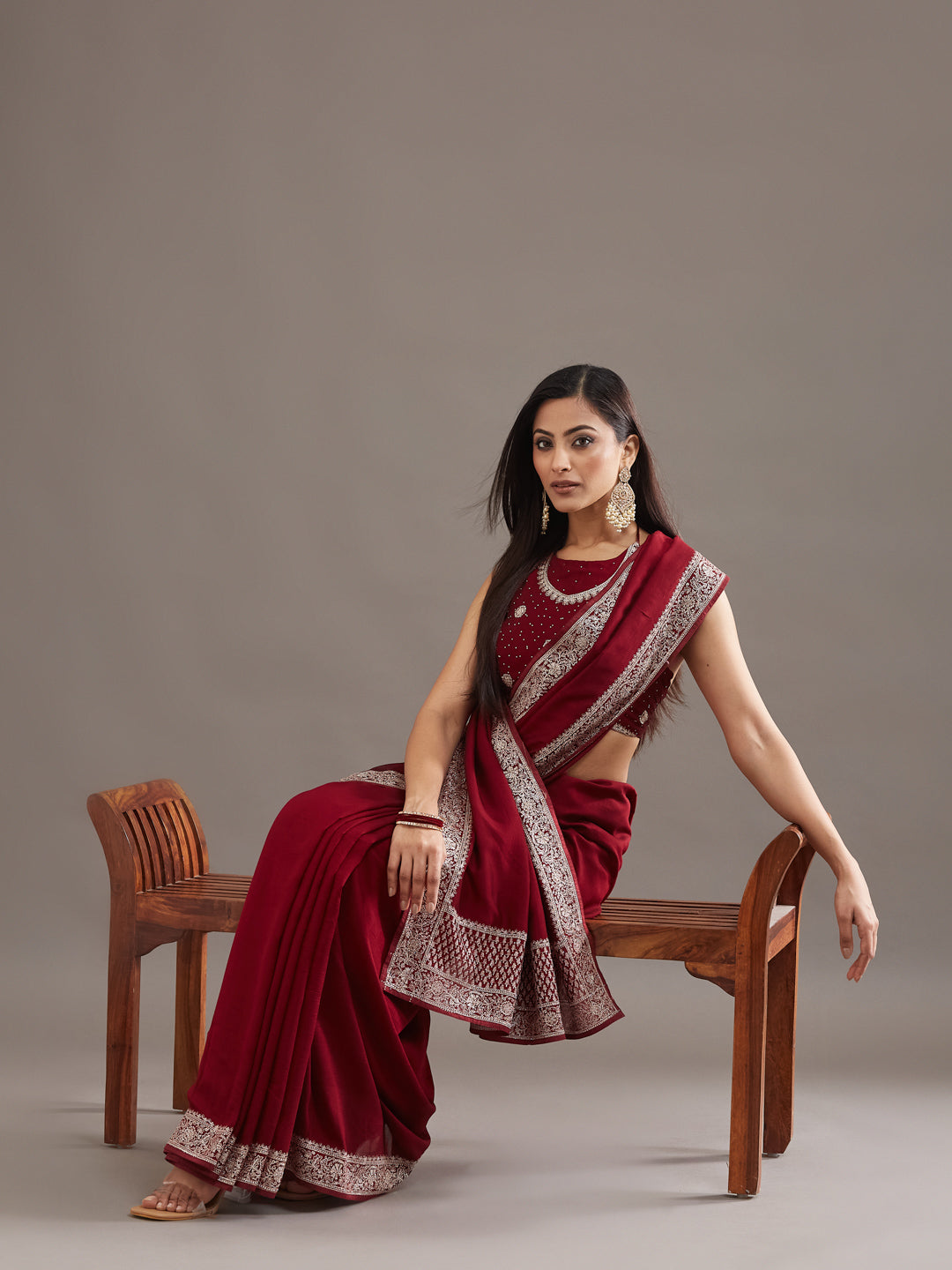 KASEE Women's Maroon Zari Border Saree with Traditional Woven Pallu