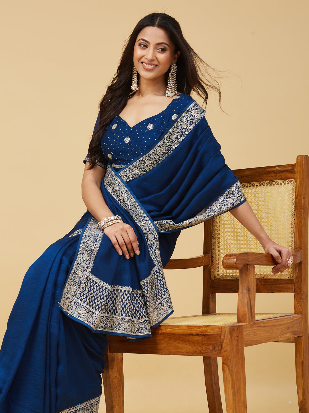KASEE Women's Royal Blue Zari Border Saree with Traditional Woven Pallu