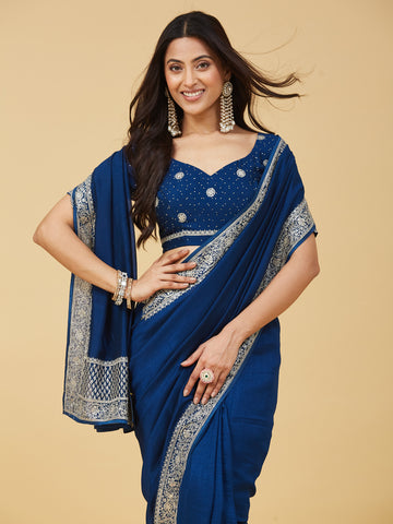 KASEE Women's Royal Blue Zari Border Saree with Traditional Woven Pallu