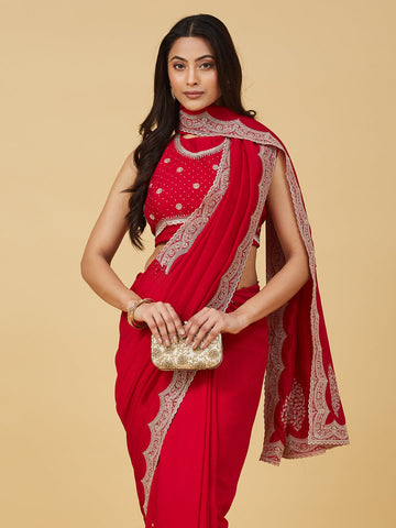 KASEE Women's Cherry Embroidered Border Saree with Scalloped Zari Detailing