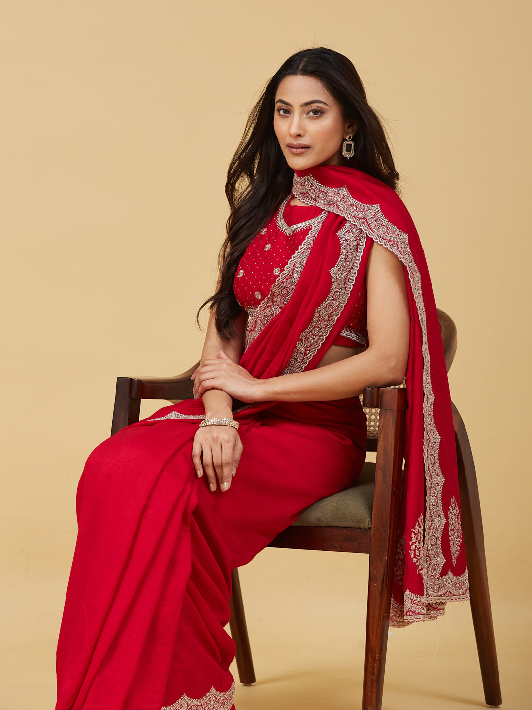 KASEE Women's Cherry Embroidered Border Saree with Scalloped Zari Detailing