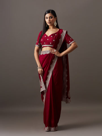KASEE Women's Magenta Embroidered Border Saree with Scalloped Zari Detailing