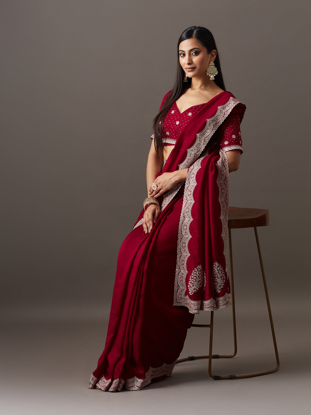 KASEE Women's Magenta Embroidered Border Saree with Scalloped Zari Detailing
