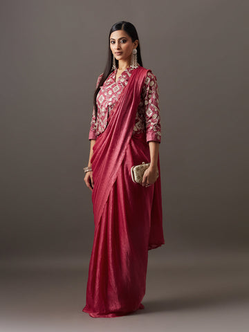 KASEE Women's Pink Solid Saree with Designer Embroidered Blouse