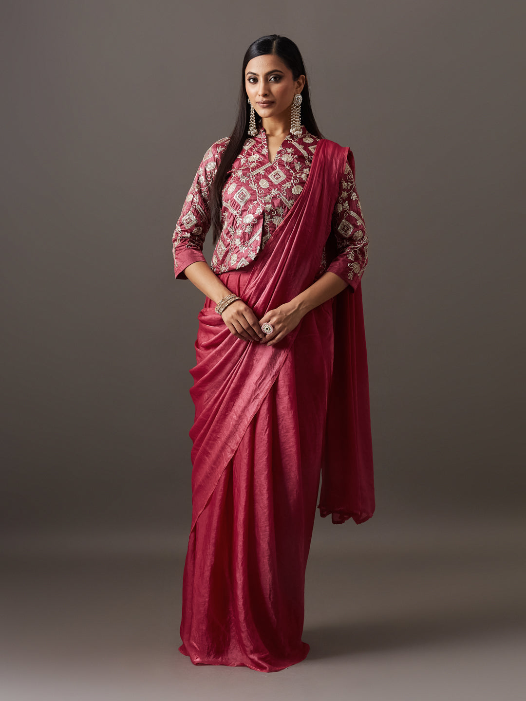 KASEE Women's Pink Solid Saree with Designer Embroidered Blouse