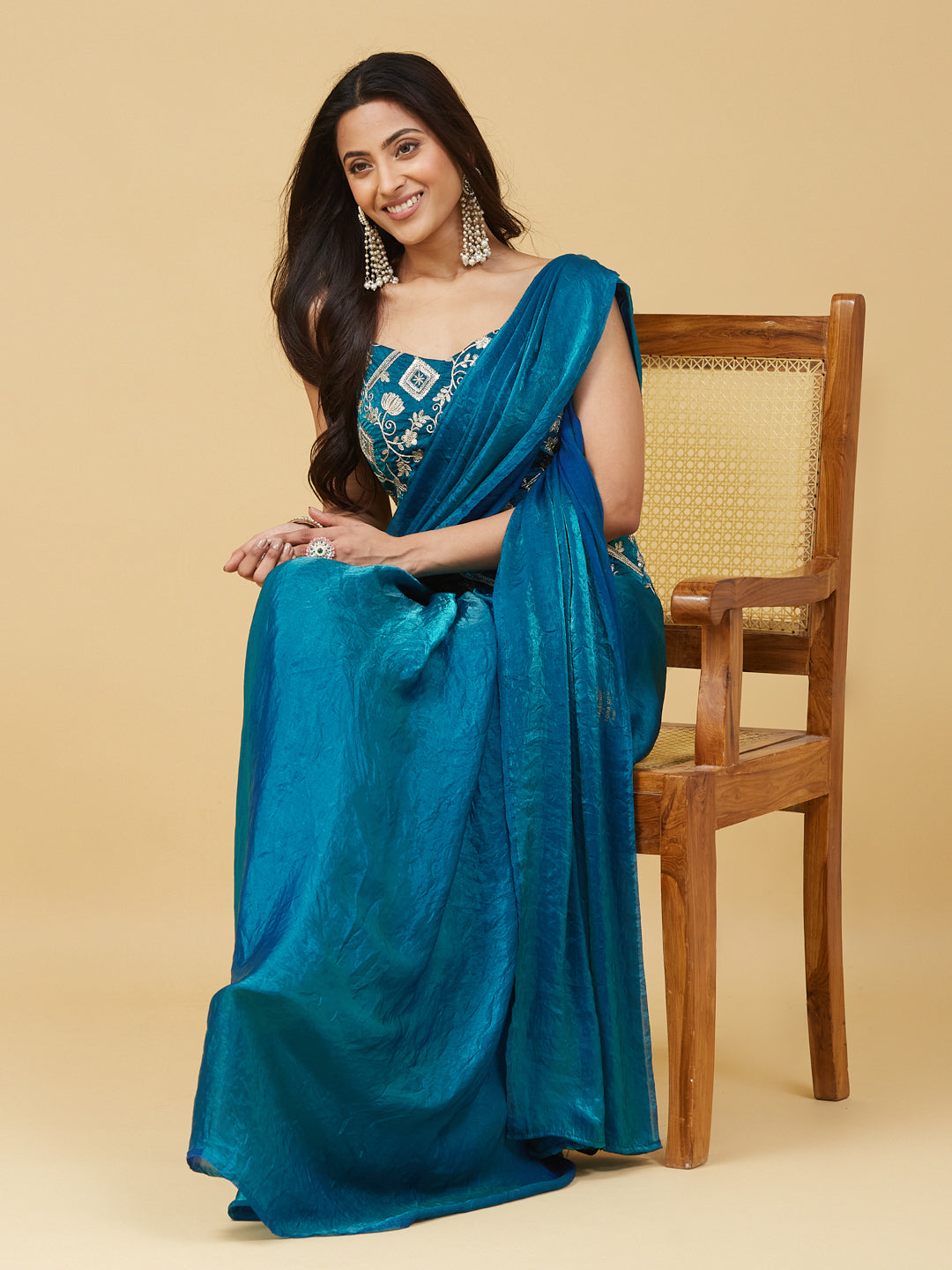 KASEE Women's Peacock Blue Solid Saree with Designer Embroidered Blouse