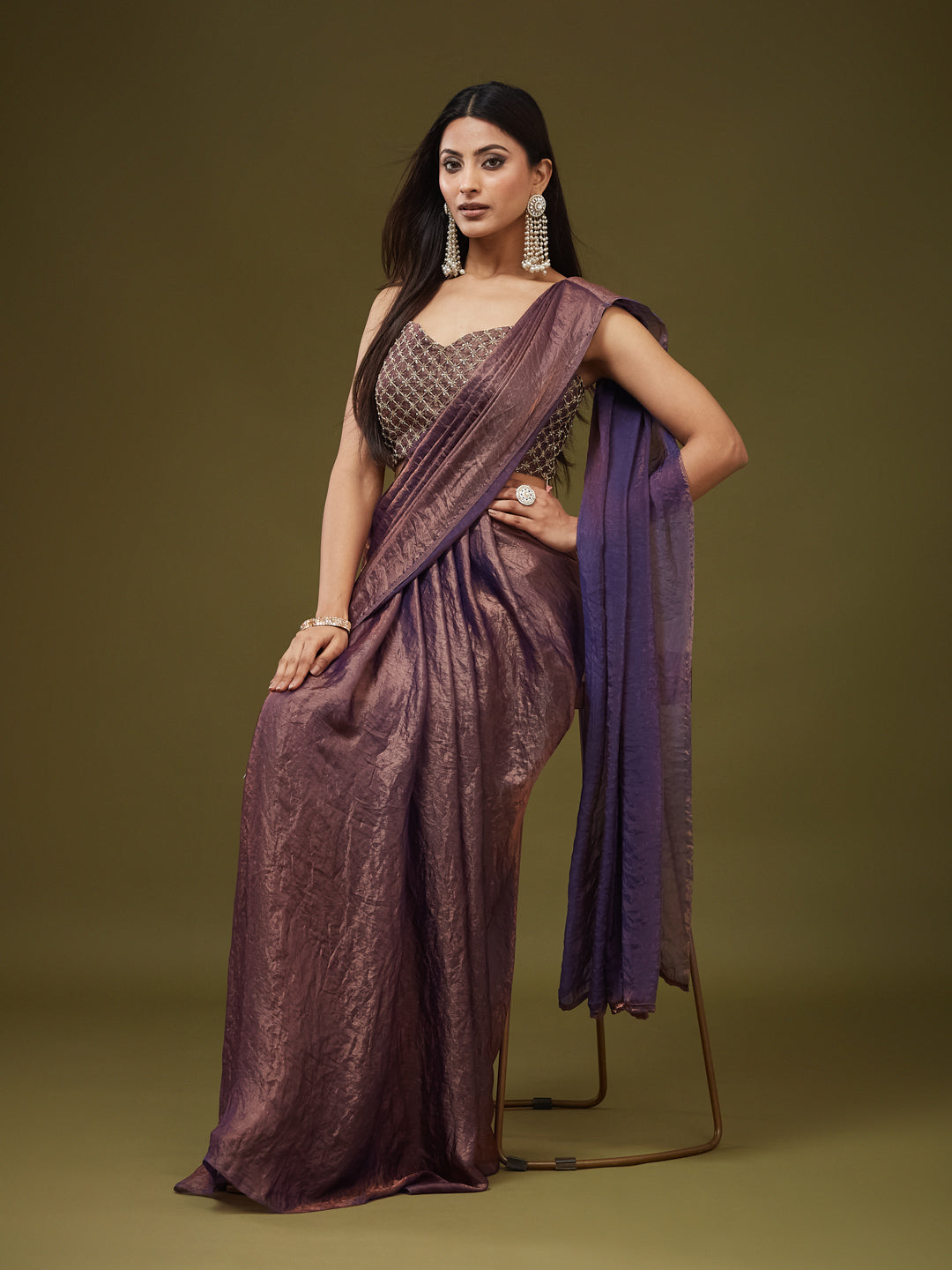 KASEE Women's Olive Organza Saree with Multicolor Floral Print