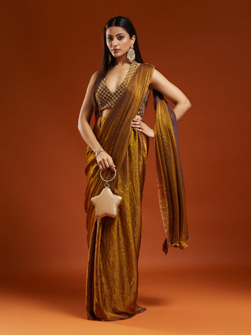 KASEE Women's Gold Silk Ready To Wear Saree With Designer Saree