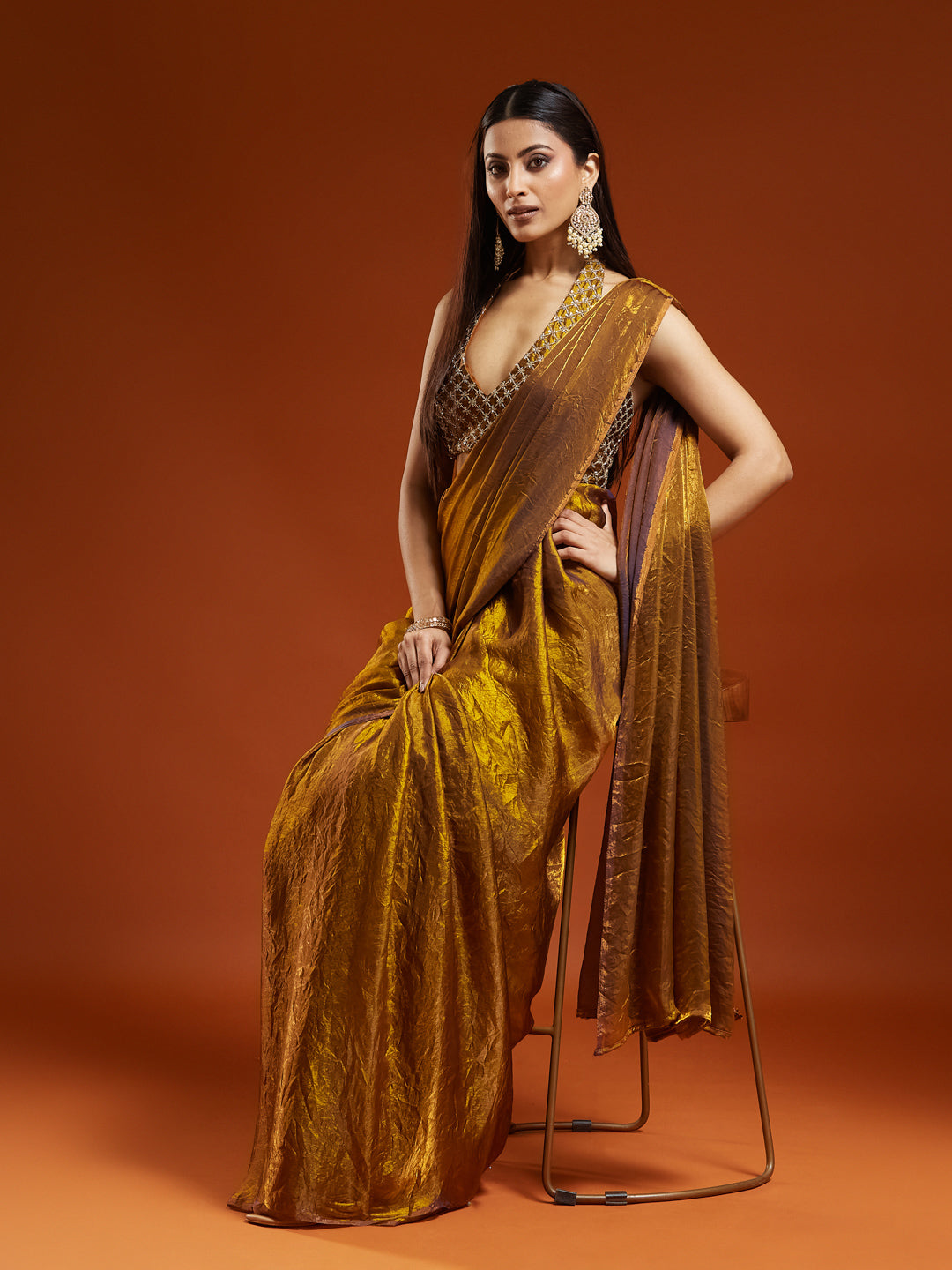 KASEE Women's Peach Organza Saree with Multicolor Floral Print