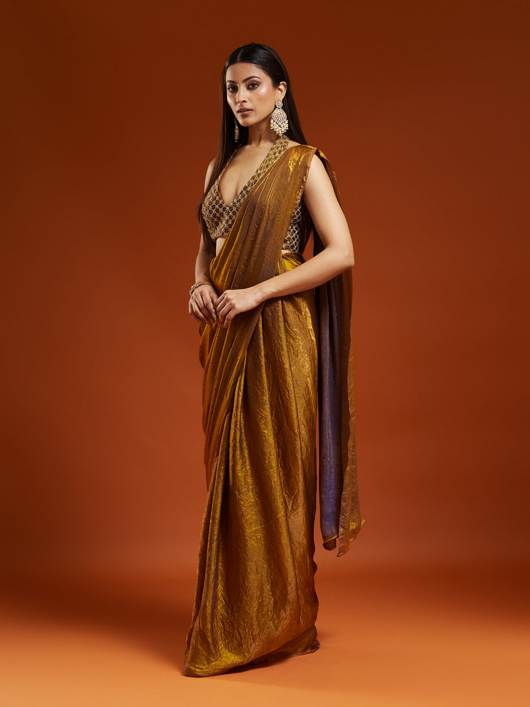 KASEE Women's Gold Silk Ready To Wear Saree With Designer Saree