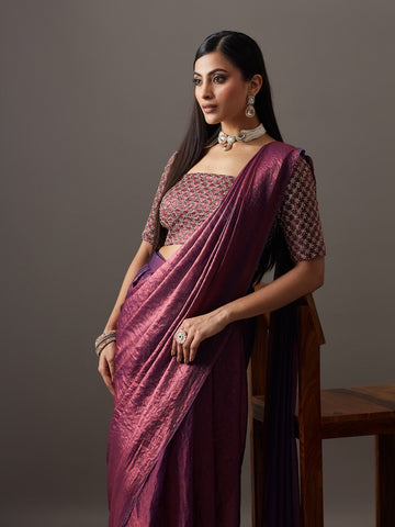 KASEE Women's Wine Purple Silk Ready To Wear Saree With Designer Saree