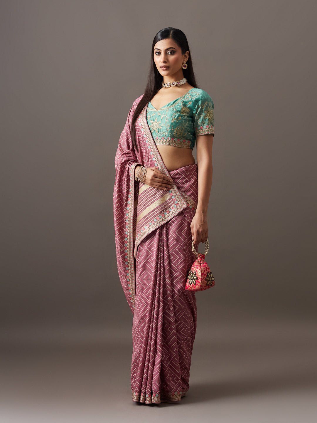 KASEE Women's Pink Organza Saree with Multicolor Floral Print