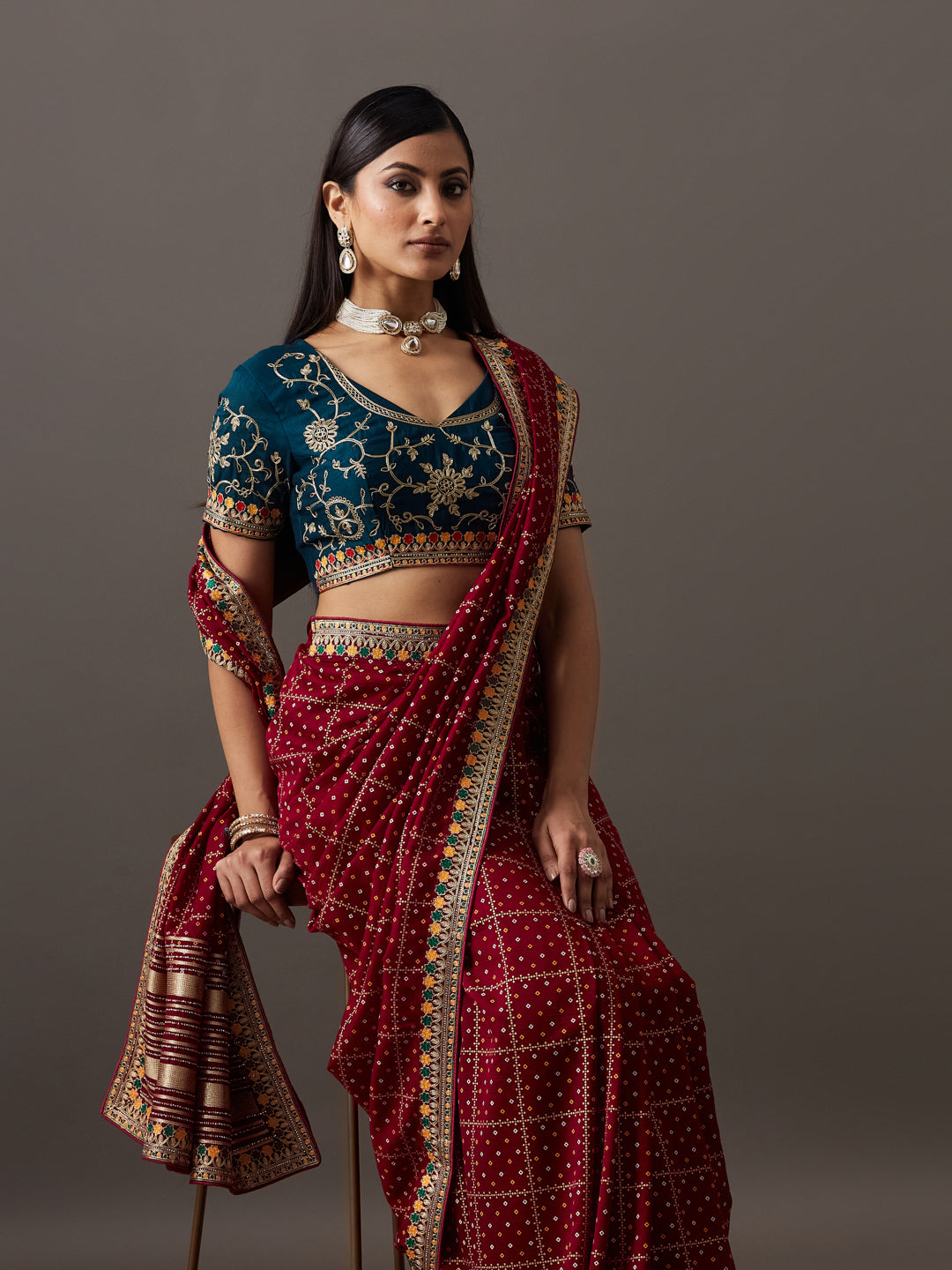 KASEE Women's Maroon Yellow Printed Saree with Contrast Woven Border