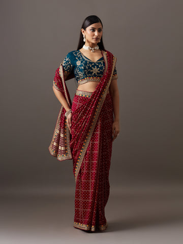 KASEE Women's Maroon Yellow Printed Saree with Contrast Woven Border