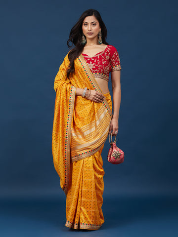 KASEE Women's Mustard Yellow Printed Saree with Contrast Woven Border
