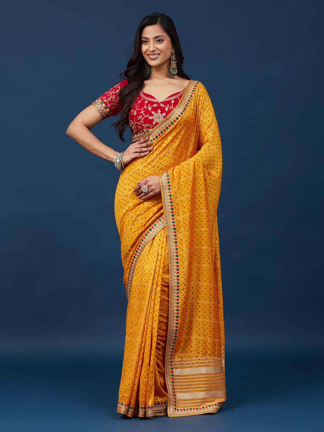 KASEE Women's Mustard Yellow Printed Saree with Contrast Woven Border