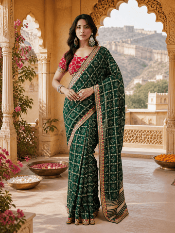 KASEE Women's Green Cotton Blend Saree with Gold Zari Lattice Design and Contrast Border