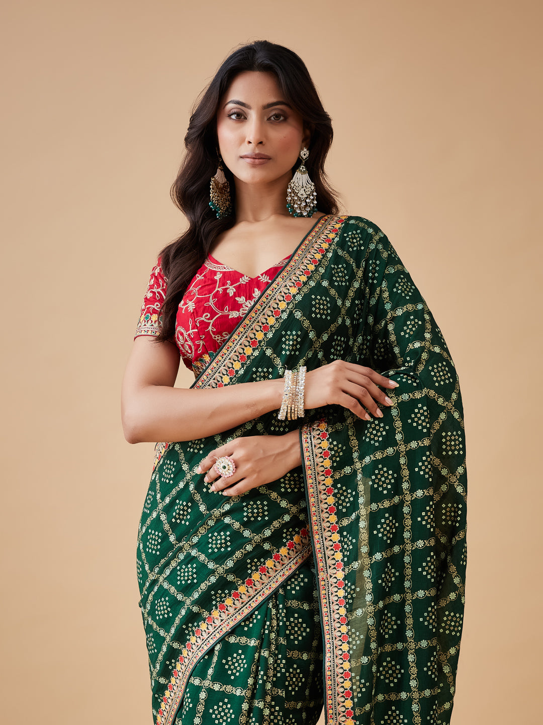 KASEE Women's Green Cotton Blend Saree with Gold Zari Lattice Design and Contrast Border