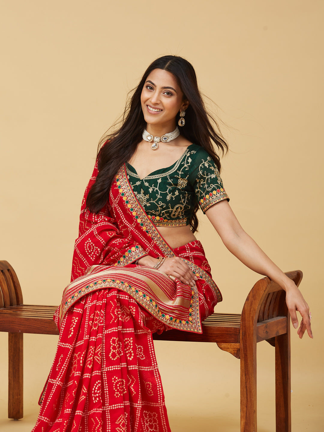 KASEE Women's Bright Red Bandhani Printed Saree with Multicolour Woven Border