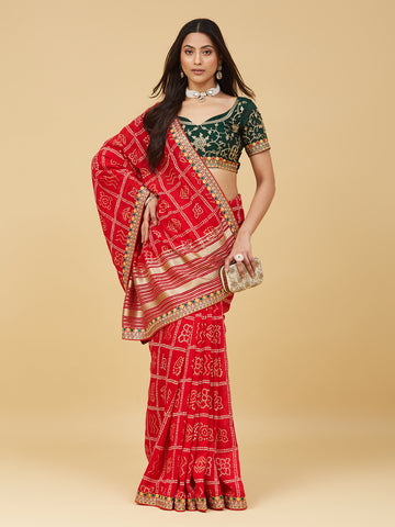 KASEE Women's Bright Red Bandhani Printed Saree with Multicolour Woven Border