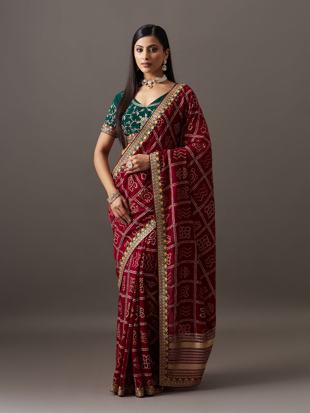 KASEE Women's Wine Bandhani Printed Saree with Multicolour Woven Border