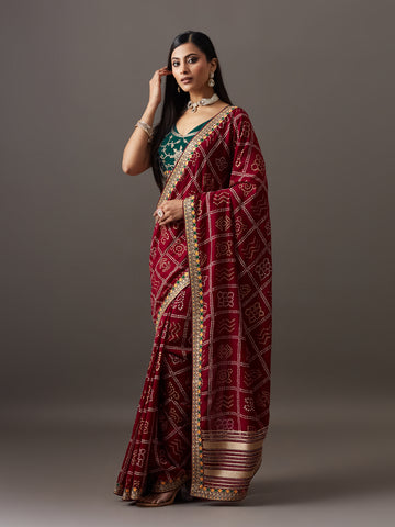 KASEE Women's Wine Bandhani Printed Saree with Multicolour Woven Border