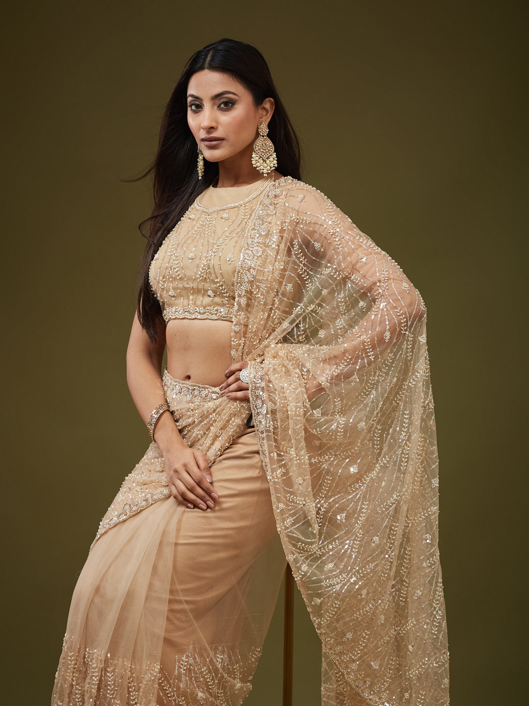 KASEE Women's Gold Sequin Embellished Net Saree with Designer Detailing