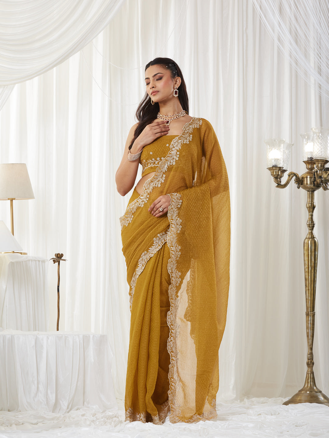 KASEE Women's Mustard Embroidered Saree with Heavy Thread Work Border