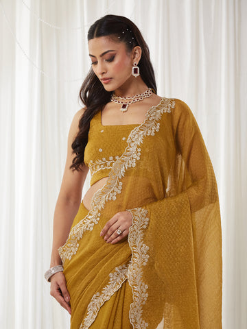 KASEE Women's Mustard Embroidered Saree with Heavy Thread Work Border