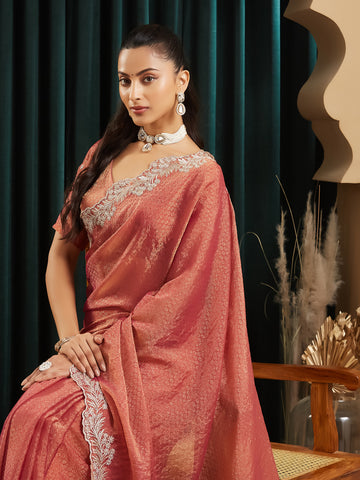 KASEE Women's Rust Embroidered Saree with Heavy Thread Work Border