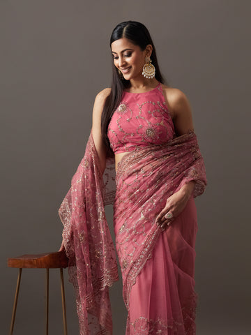 KASEE Women's Sea Green Organza Saree with Floral Print and Tassel Pallu