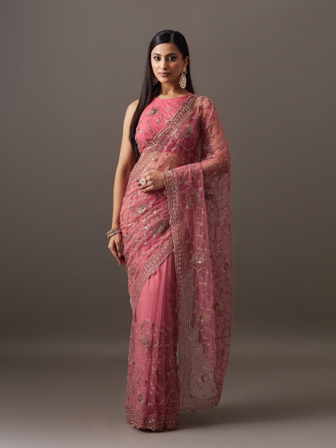 KASEE Women's Sea Green Organza Saree with Floral Print and Tassel Pallu