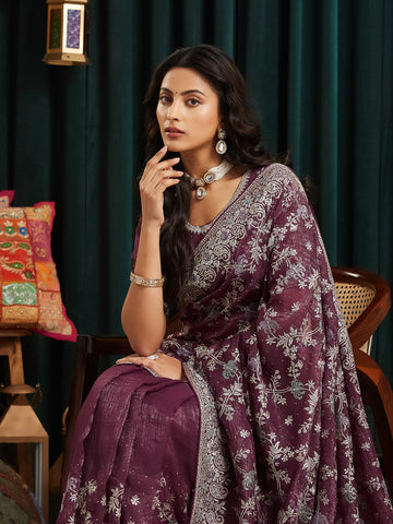 KASEE Women's Lavender Embroidered Silk Saree with Heavy Silver Thread Work