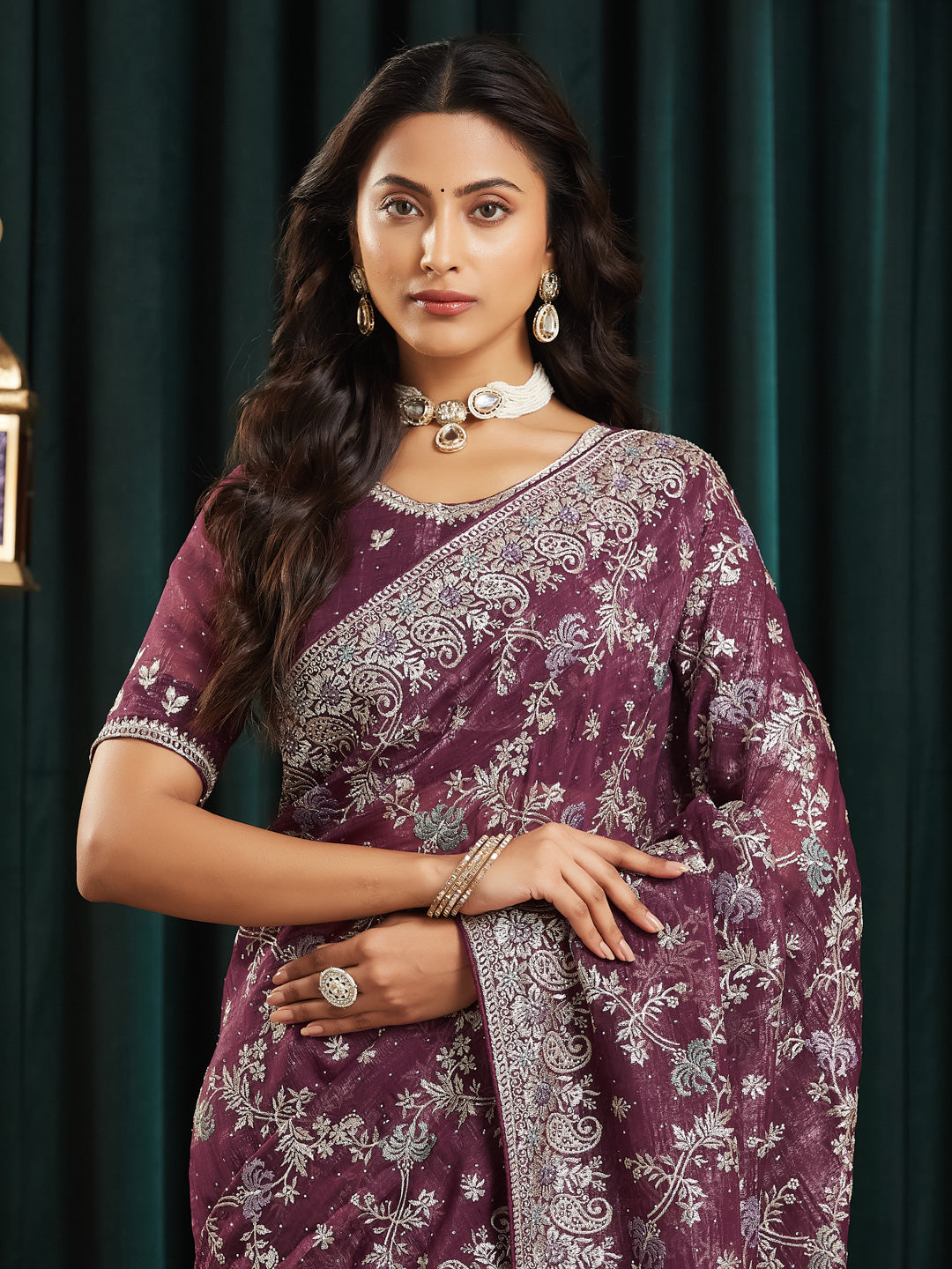 KASEE Women's Lavender Embroidered Silk Saree with Heavy Silver Thread Work