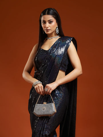 KASEE Women's Antique Copper Metallic Tissue Saree with Crystal Edge Border