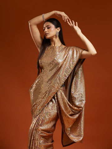 KASEE Women's Gold Silk Ready To Wear Saree With Designer Saree