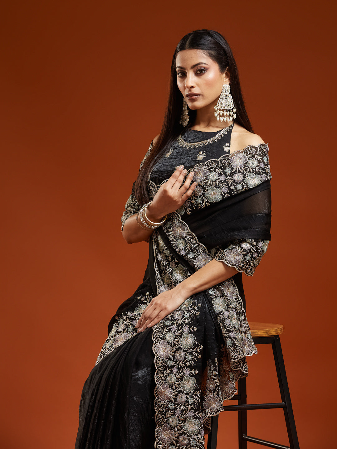 KASEE Women's Festive Black Floral Zari Embroidered Saree with Heavy Border